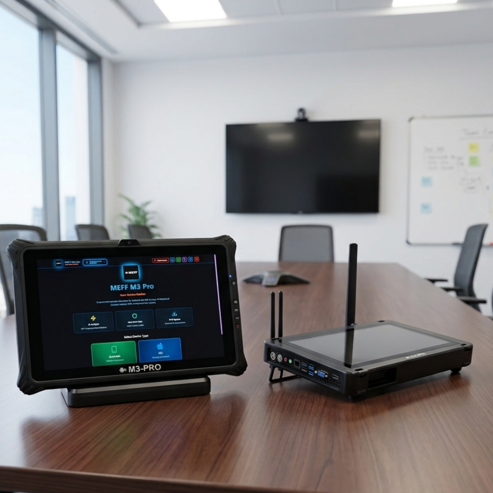 M3-PRO mobile forensics tablet and M2-PRO spectrum analyzer on a boardroom table